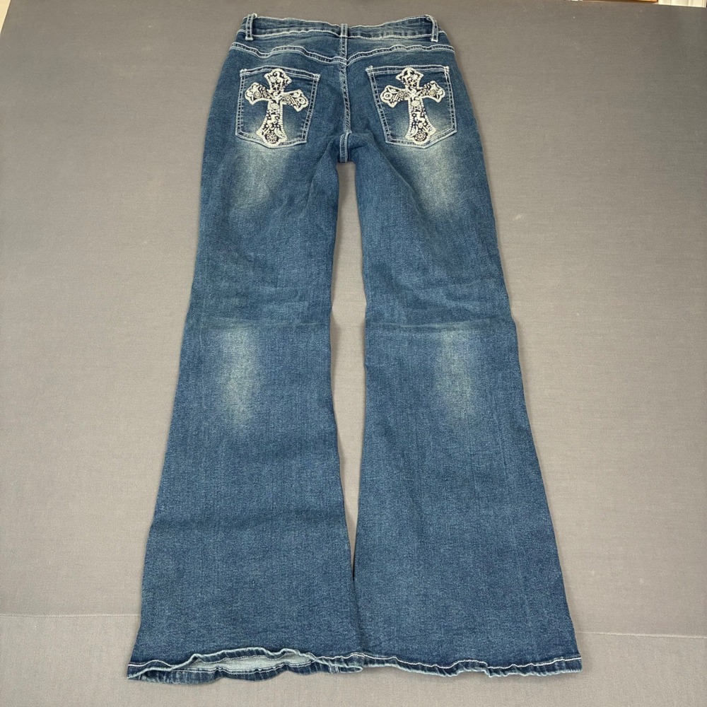 Romwe Cross Pocket Embroidered Flared Jeans Women's Size M 26x28 Medium Wash Y2K